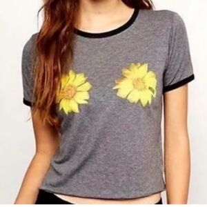 Vans Gray Ringer t-shirt Yellow Sunflower Graphics Skater Y2k:Girls XL/Women SM